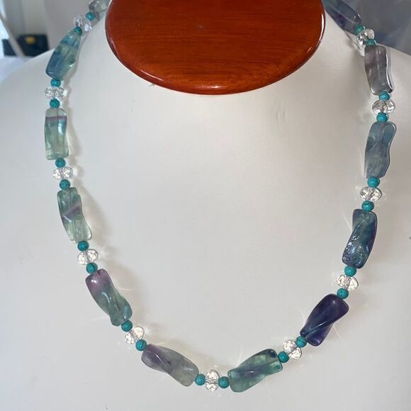 Rainbow Fluorite Pebble Necklace With Turquoise Spacer Beads - Picture 1 of 12